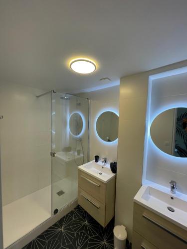 une salle de bain avec une douche, un lavabo et un miroir dans l'établissement T3 Bis - 4 Etoiles Rooftop et Vue Mer - Bellevue Biarritz, à Biarritz