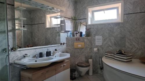 La salle de bains est pourvue d'un lavabo, de toilettes et d'un miroir. dans l'établissement Mein Urlaub auf Sylt, à Westerland