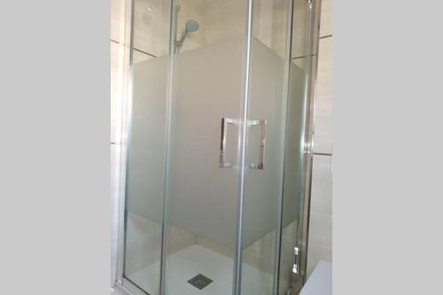 eine Dusche mit Glastür im Bad in der Unterkunft Cómodo, bien ubicado y 2 aparcamientos in Saragossa