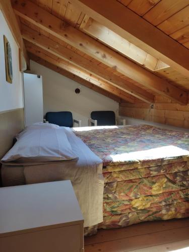 two beds in a room with wooden ceilings at La casa di Grace nella valle incantantata in Carano
