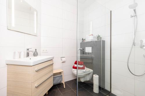 uma casa de banho com um WC, um lavatório e um chuveiro em Apart Sabrina Fügen em Fügen