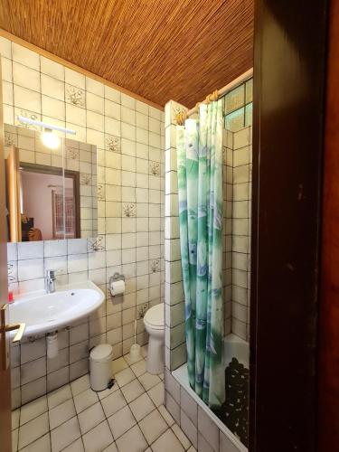 łazienka z umywalką, toaletą i lustrem w obiekcie Ferienwohnungen Ödenburgerhof w mieście Mörbisch am See