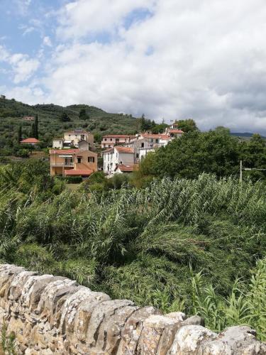 a group of houses on a hill behind a stone wall at Monolocale con giardino e parcheggio privato CITRA zero zero ottanta trentuno LT 0281 in Imperia
