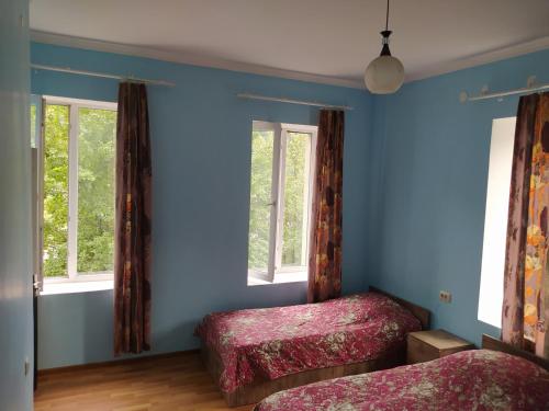 Duas camas num quarto com paredes e janelas azuis em Barbara em Mestia