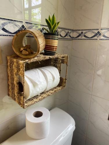 a bathroom with a toilet with towels and a mirror at El Castillo Tropical in Cabrera