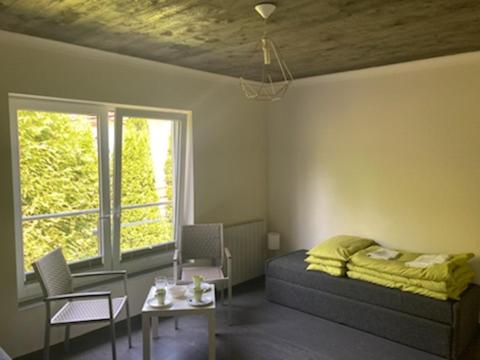 a bedroom with a bed and a table and a window at Zielony Daszek in Sianozety