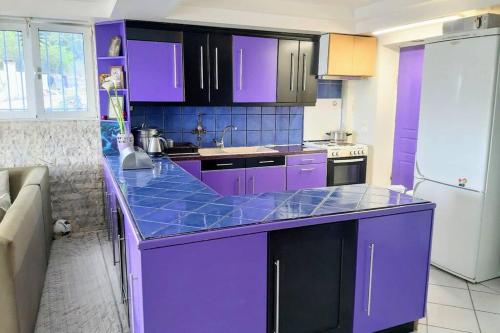 a purple kitchen with a purple counter top at Ioannidis apartment in Psatha