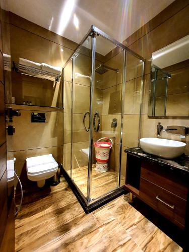 a bathroom with a shower and a sink and a toilet at Hotel Makhan Residency in Amritsar