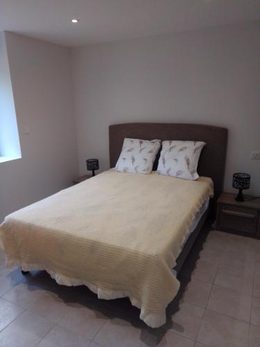 une chambre avec un grand lit avec deux oreillers dans l'établissement la grange du château, à Boissières