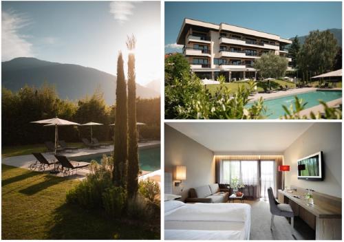a collage of pictures of a building and a pool at Hotel Pollinger in Merano