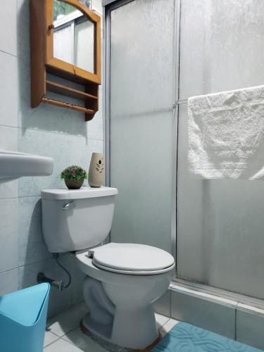 a bathroom with a toilet and a shower at Entire Comfy apartment for you, 5 min SJO Airport in Alajuela City