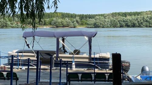 a boat with a canopy on a dock on a river at Pensiunea Știuca Șchioapă in Băltenii de Sus