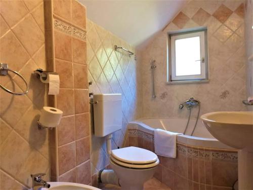 a bathroom with a toilet and a sink and a tub at Kuća za odmor Silver pine in Ogulin