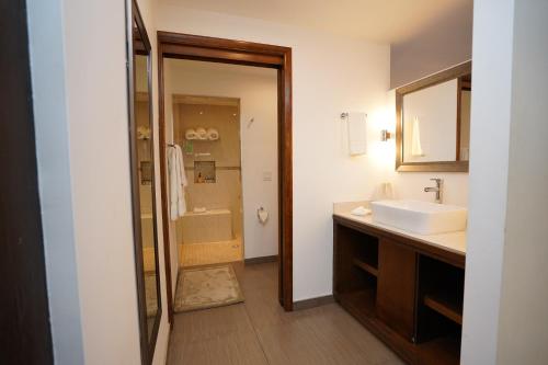 a bathroom with a sink and a mirror and a shower at Best Western El Cid in Ensenada