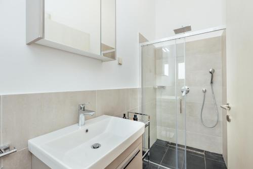 a bathroom with a sink and a shower at Apartments Villa Swissmonte in Herceg-Novi