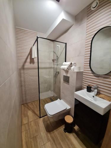 a bathroom with a toilet and a sink and a mirror at Apartament Łąki18 in Wadowice