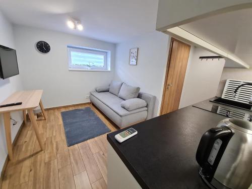 a kitchen and living room with a couch and a table at Apartament Łąki18 in Wadowice