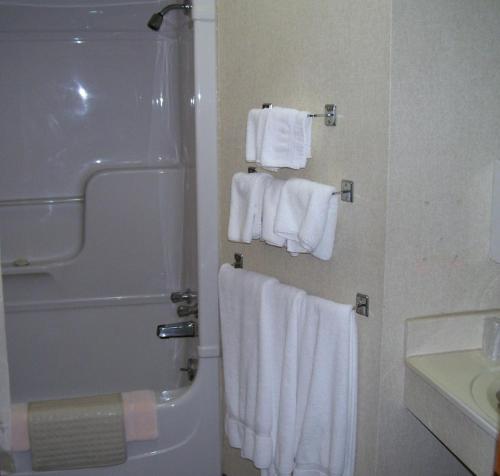 a bathroom with a shower and white towels at Admiral Digby Inn Restaurant and Cottages in Digby