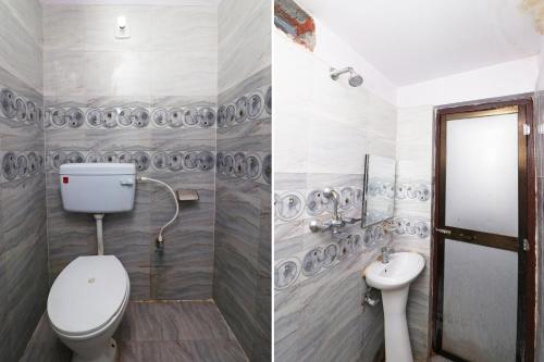 two pictures of a bathroom with a toilet and a sink at SPOT ON 44390 Amrapali Guest House in Bodh Gaya