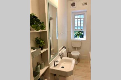 a bathroom with a sink and a toilet and a window at East Melbourne City Studio - Amazing Location & Sunny Charm in Melbourne