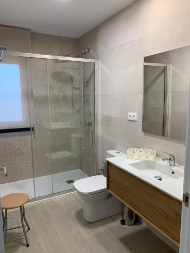 a bathroom with a shower and a toilet and a sink at Casa Rural Camino de la Data in Valencia de Alcántara
