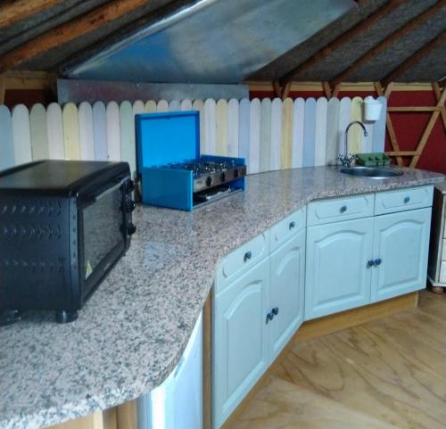 a kitchen with a stove and a counter top at Woodpecker Yurt in Santa Cruz do Douro