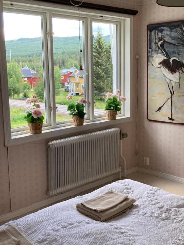 1 dormitorio con 1 cama y 2 ventanas con macetas en Gård Mörbacka Bed & Breakfast en Mörbacka