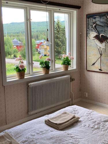 a bedroom with a bed and two windows with potted plants at Gård Mörbacka Bed & Breakfast in Mörbacka