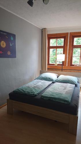 a bed in a bedroom with two windows at Ferienwohnung zur Ratsklause in Arnstadt