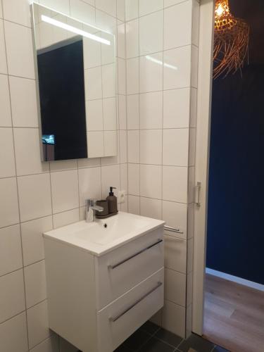 a bathroom with a white sink and a mirror at Modern Tiny House op rustig Watersportpark in Elahuizen