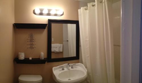 a bathroom with a sink and a mirror and a toilet at Moonlite Motel in Niagara Falls