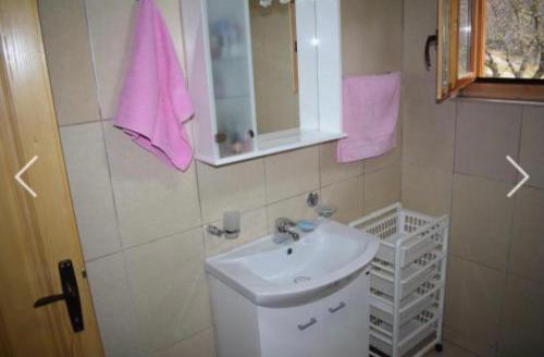 尼克希奇的住宿－Cottage Dolovi，浴室设有水槽、镜子和粉红色毛巾