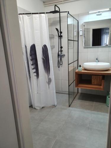 y baño con cortina de ducha y lavamanos. en Kaktusz City, en Hévíz