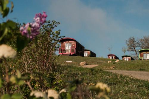 a red barn on top of a green field at Domaine d'Escapa in Estipouy