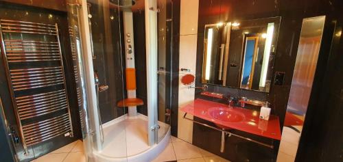 a bathroom with a shower and a red sink at Vila Bělá pod Pradědem in Bělá pod Pradědem