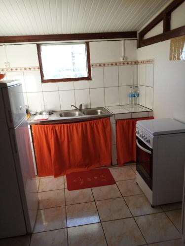 a small kitchen with a sink and a stove at logement aux saveurs des mangues juli in Baillif