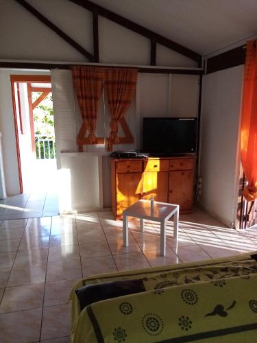 a living room with a table and a tv at logement aux saveurs des mangues juli in Baillif