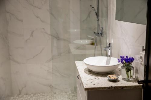 La salle de bains est pourvue d'un lavabo blanc et d'une douche. dans l'établissement La Libertie, à Campsegret