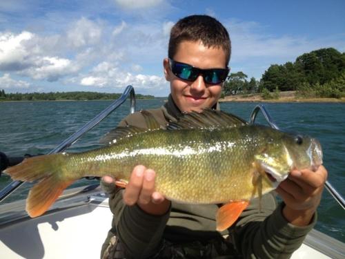 a man holding a fish in his hands on a boat at Norrö Holiday Village in Bamböle