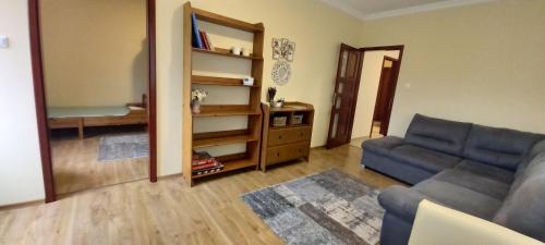 a living room with a couch and a mirror at Megyeri Apartman in Pócsmegyer