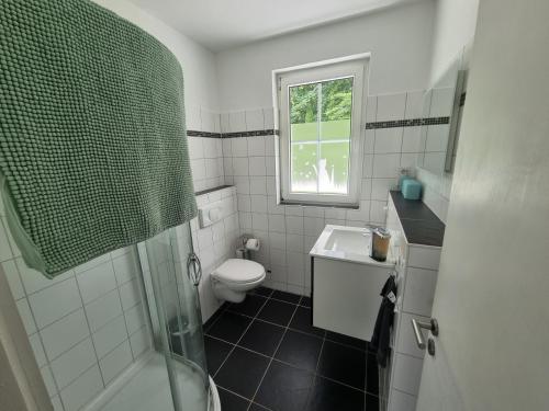 een badkamer met een toilet, een wastafel en een raam bij Ferienhaus mit Ausblick in Brilon