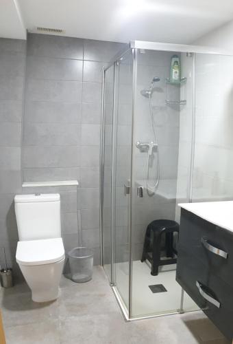 a bathroom with a shower with a toilet and a sink at Casa Castillo de la Estrella in Segorbe