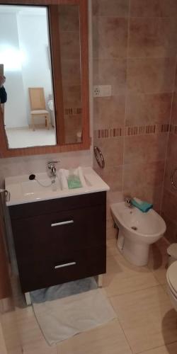 a bathroom with a sink and a toilet and a mirror at Marina Dor holidays in Oropesa del Mar