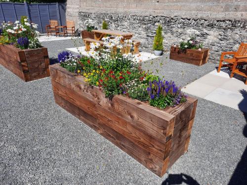 a group of flowers in wooden boxes on the ground at Park View house on NC500 in Wick