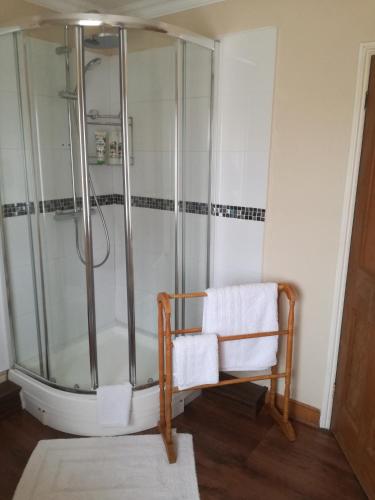 a shower with a chair in a bathroom at Meadow Farm Cottage in Norwich