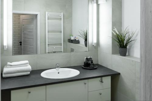 W białej łazience znajduje się umywalka i lustro. w obiekcie Apartament Konopnickiej10 w Gdańsku