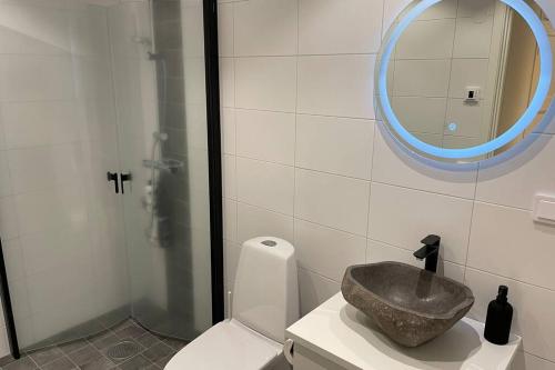 y baño con lavabo encima de un aseo. en Järvsö Sport Resort- Lgh B, en Järvsö