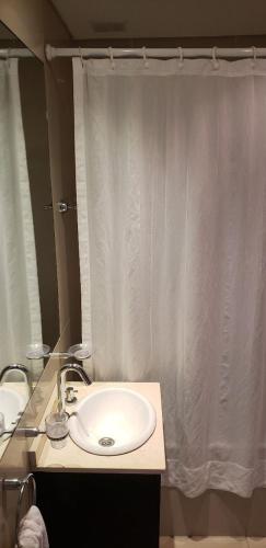 a bathroom with a sink and a white shower curtain at Buenos Aires Loft in Buenos Aires