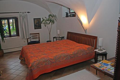 ドレスデンにあるPoncet´sches Herrenhausのベッドルーム1室(オレンジ色のベッドカバー付)