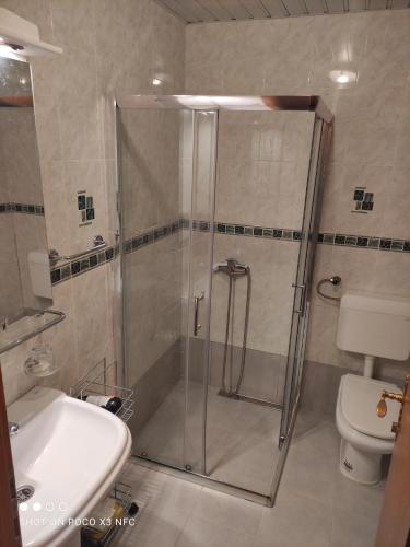 a bathroom with a shower and a sink and a toilet at Apartment Mira in Petrovac na Moru